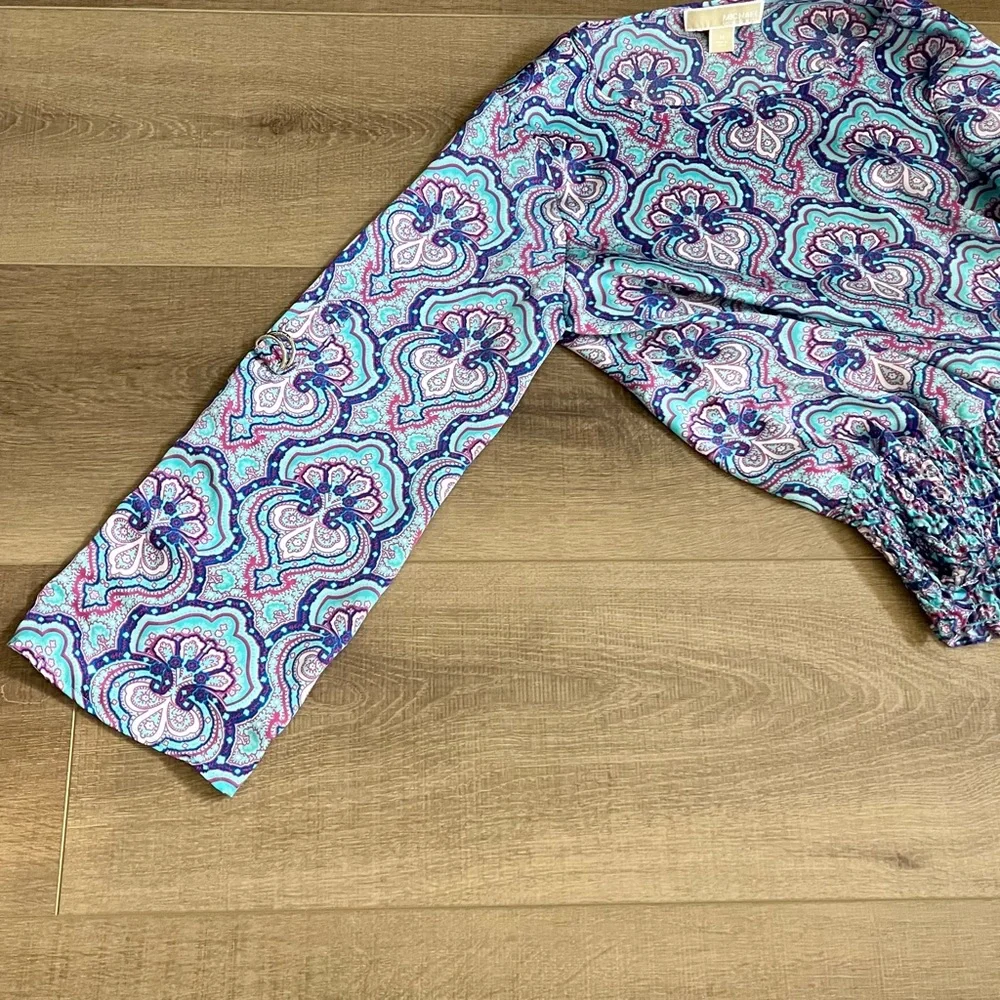 Michael Kors Blouse M/L Blue Multi Pattern RollTab Sleeve Elastic Gathered Waist